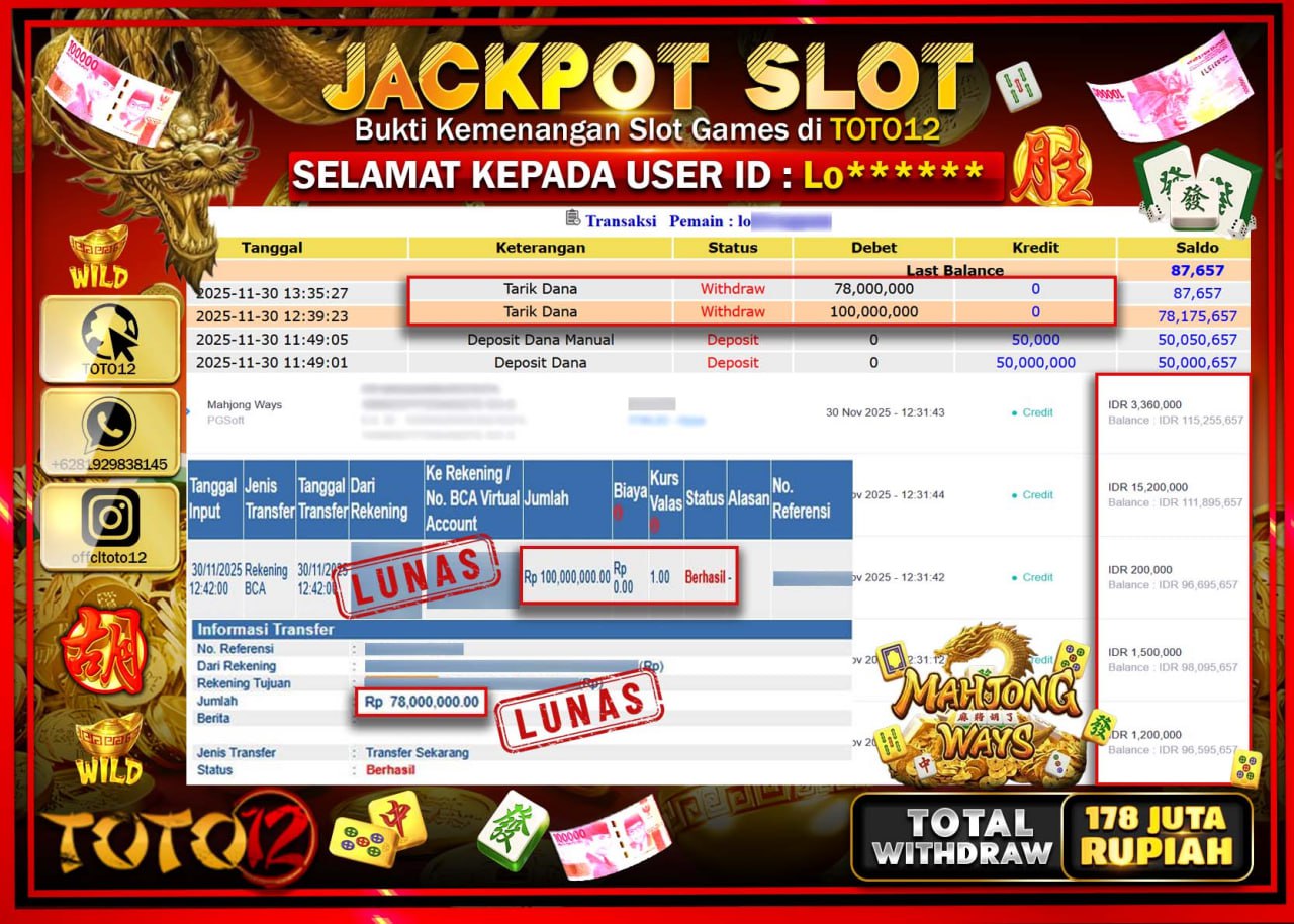 HANYA DI TOTO12 JP PASTI DI BAYAR LUNAS DAN CEPAT!!!!!! JACKPOT SLOT GAME (MAHJONG WAYS) Rp.178.000.000 !!!!