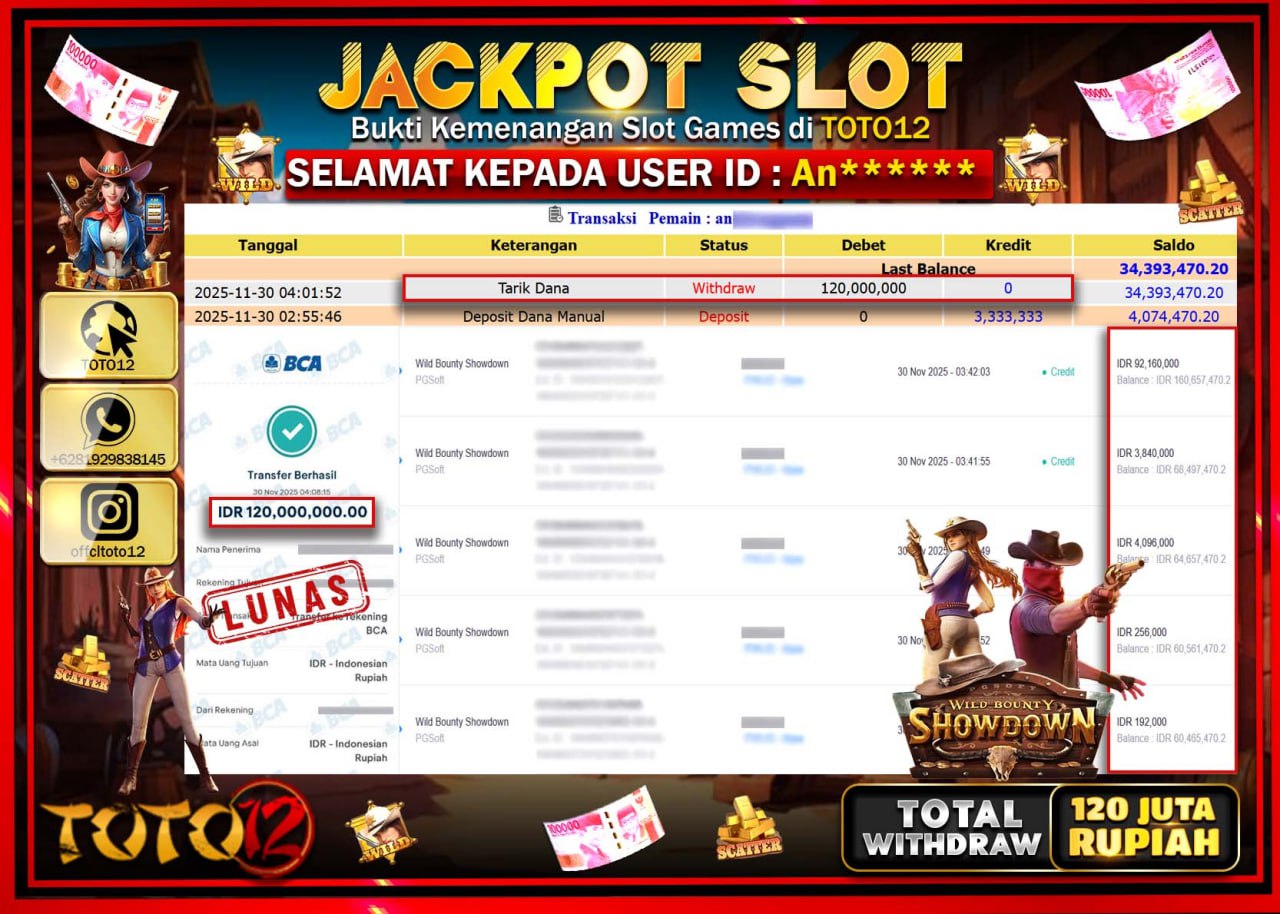 HANYA DI TOTO12 JP PASTI DI BAYAR LUNAS DAN CEPAT!!!!!! JACKPOT SLOT GAME (WILD BOUNTY SHOWDOWN) Rp.120.000.000 !!!!