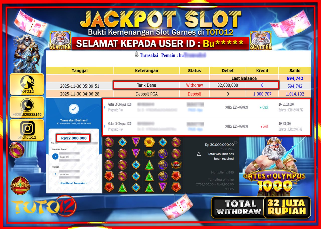 HANYA DI TOTO12 JP PASTI DI BAYAR LUNAS DAN CEPAT!!!!!! JACKPOT SLOT GAME (GATES OLYMPUS 1000) Rp.32.000.000 !!!!