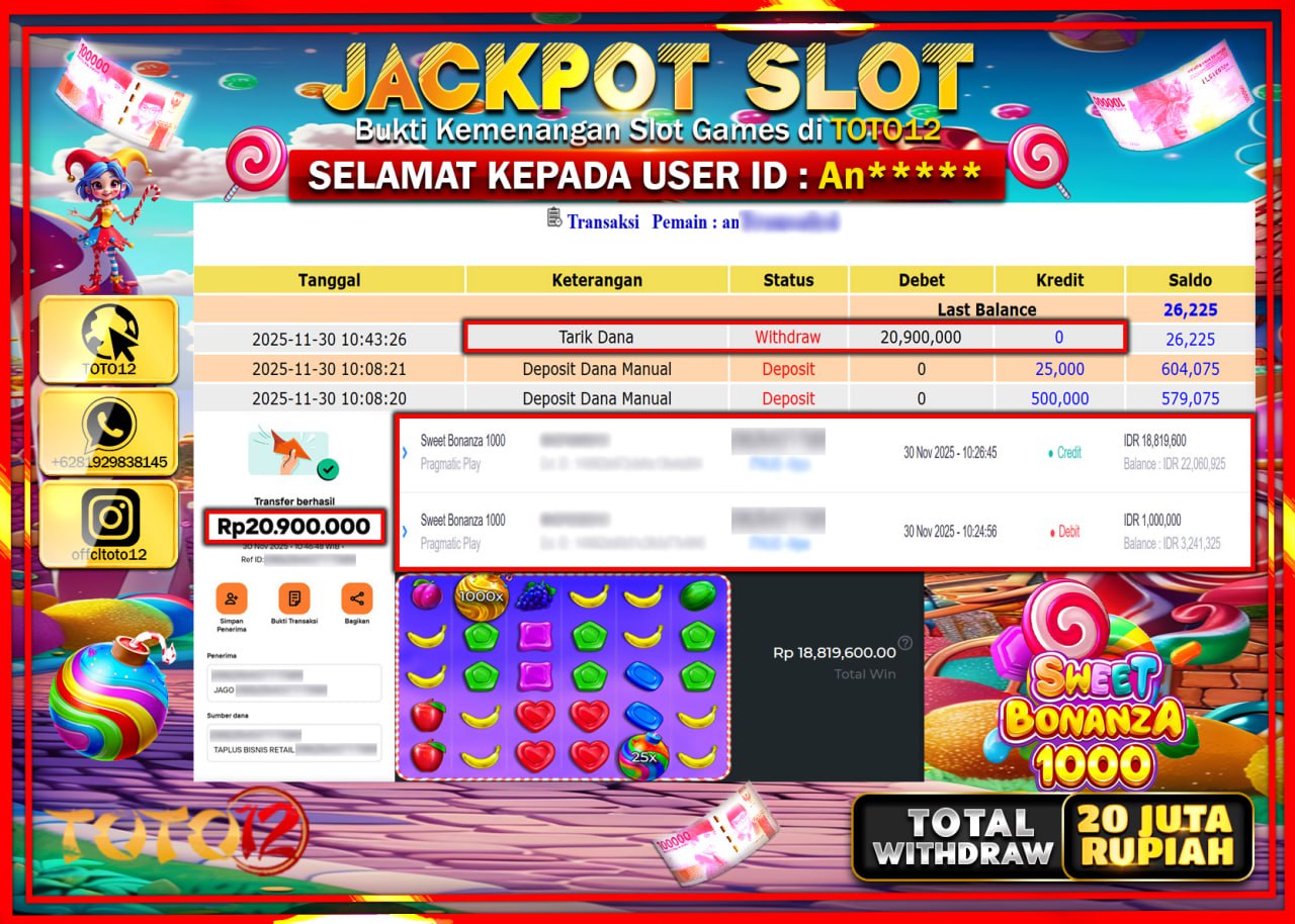 HANYA DI TOTO12 JP PASTI DI BAYAR LUNAS DAN CEPAT!!!!!! JACKPOT SLOT GAME (SWEET BONANZA 1000) Rp.20.900.000 !!!!