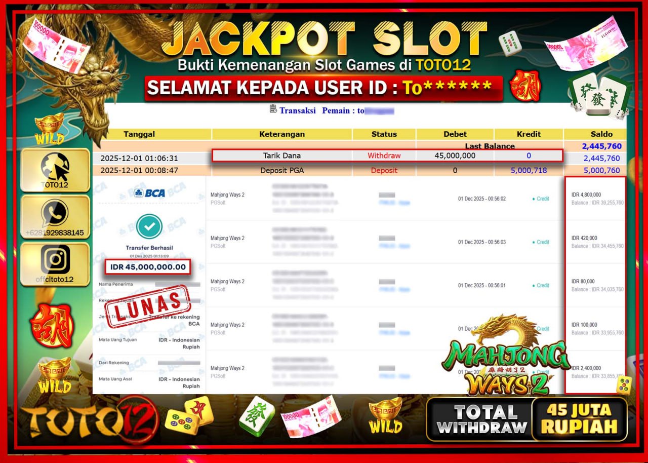 HANYA DI TOTO12 JP PASTI DI BAYAR LUNAS DAN CEPAT!!!!!! JACKPOT SLOT GAME (MAHJONG WAYS 2) Rp.45.000.000 !!!!
