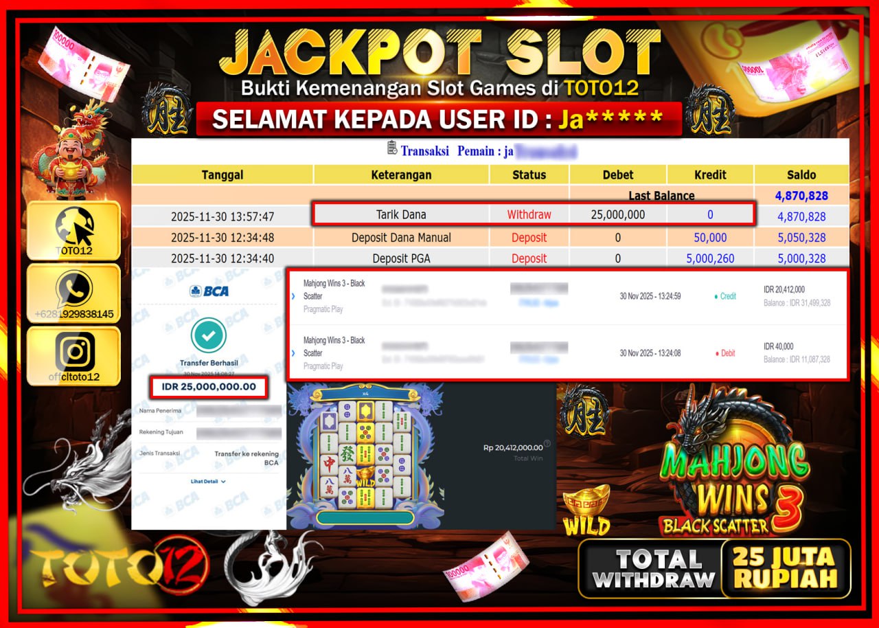 HANYA DI TOTO12 JP PASTI DI BAYAR LUNAS DAN CEPAT!!!!!! JACKPOT SLOT GAME (MAHJONG WINS 3 BLACK SCATTER) Rp.25.000.000 !!!!