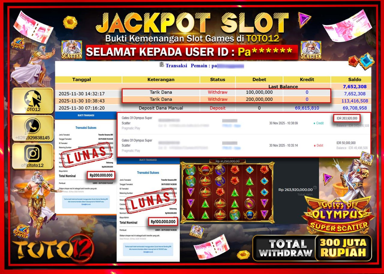 HANYA DI TOTO12 JP PASTI DI BAYAR LUNAS DAN CEPAT!!!!!! JACKPOT SLOT GAME (GATES OF OLYMPUS SUPER SCATTER) Rp.300.000.000 !!!!