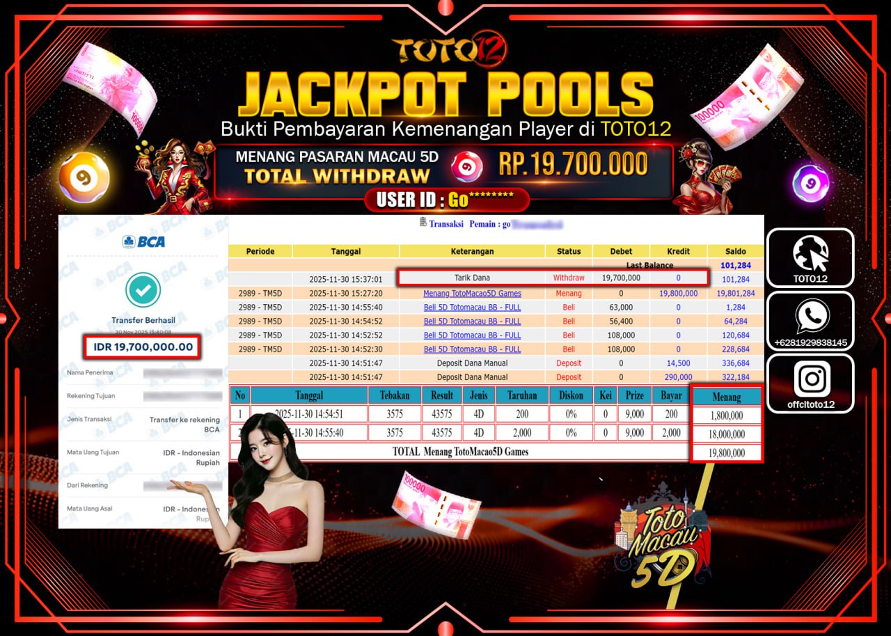HANYA DI TOTO12 JP PASTI DI BAYAR LUNAS DAN CEPAT!!!!!! JACKPOT POOLS PASARAN (MACAU 5D) Rp.19.700.000 !!!!