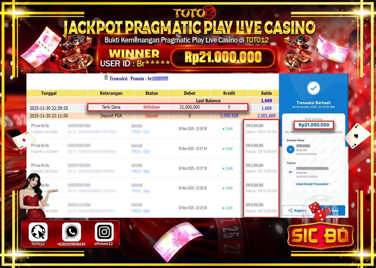 HANYA DI TOTO12 JP PASTI DI BAYAR LUNAS DAN CEPAT!!!!!! JACKPOT PRAGMATIC PLAY LIVE CASINO (SIC BO) Rp.21.000.000 !!!!