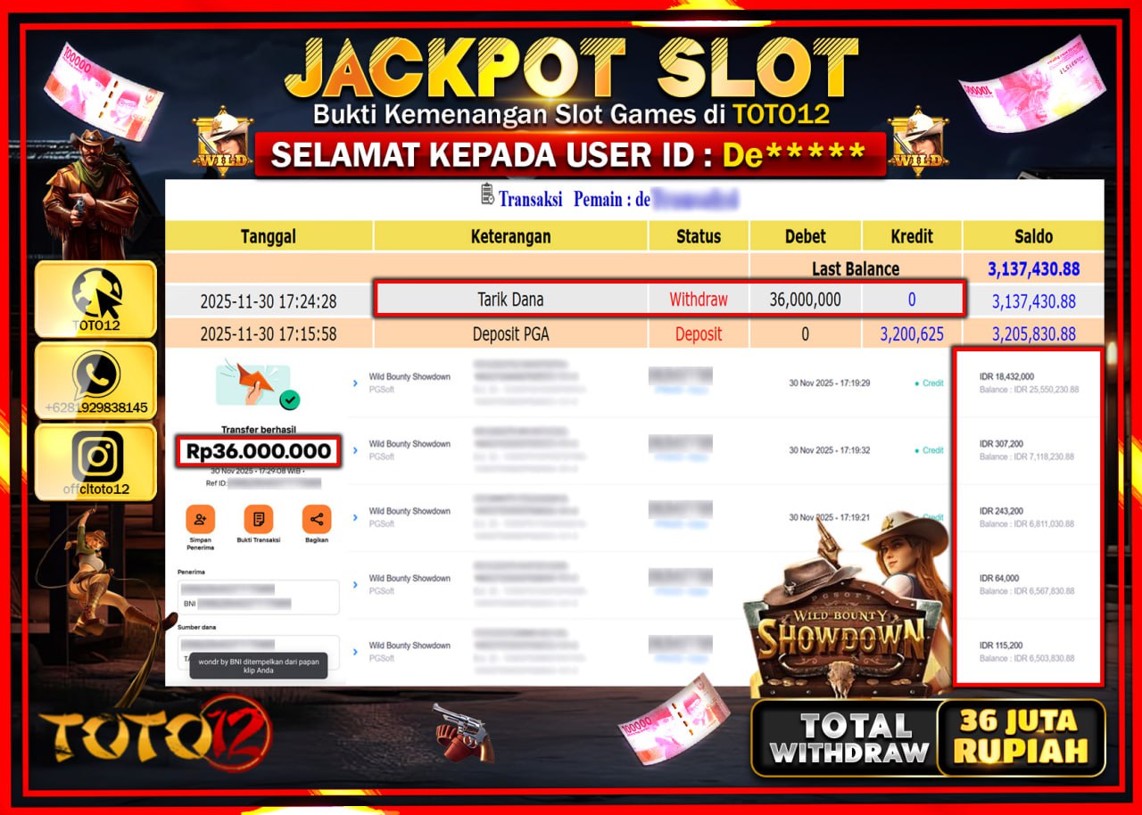 HANYA DI TOTO12 JP PASTI DI BAYAR LUNAS DAN CEPAT!!!!!! JACKPOT SLOT GAME (WILD BOUNTY SHOWDOWN) Rp.36.000.000 !!!!