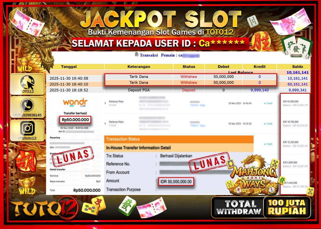 HANYA DI TOTO12 JP PASTI DI BAYAR LUNAS DAN CEPAT!!!!!! JACKPOT SLOT GAME (MAHJONG WAYS) Rp.100.000.000 !!!!