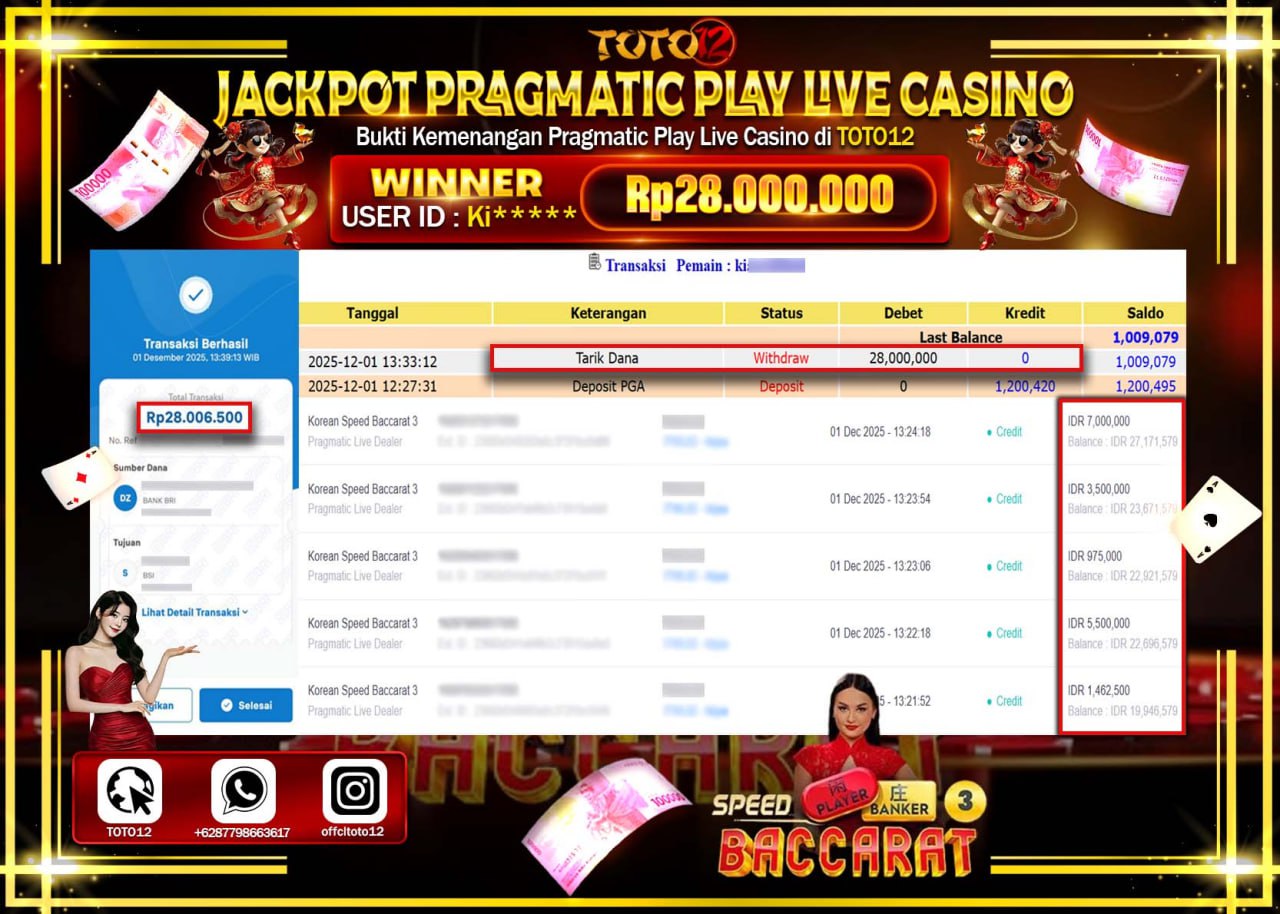 HANYA DI TOTO12 JP PASTI DI BAYAR LUNAS DAN CEPAT!!!!!! JACKPOT PRAGMATIC PLAY LIVE CASINO (KOREAN SPEED BACCARAT) Rp.28.000.000 !!!!