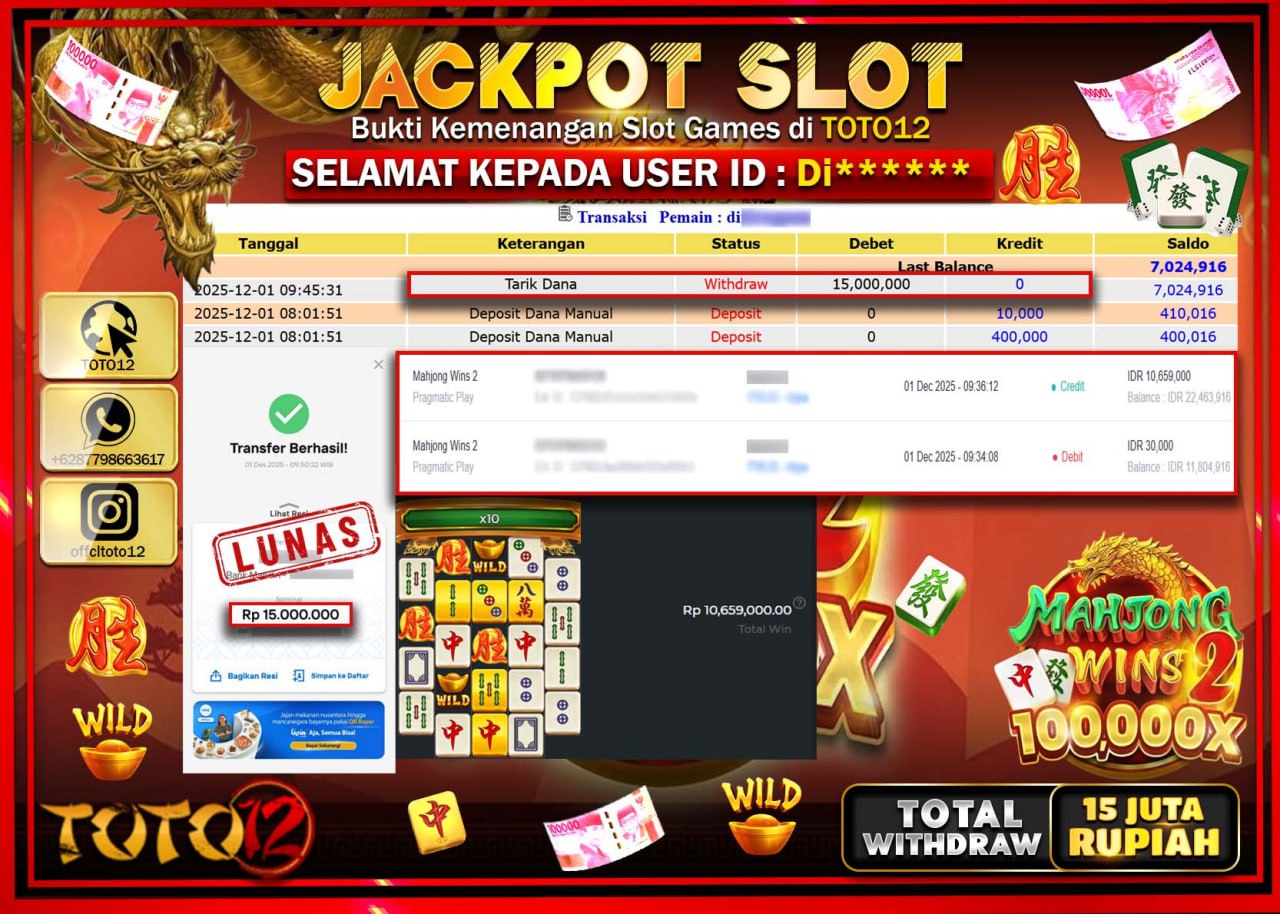 HANYA DI TOTO12 JP PASTI DI BAYAR LUNAS DAN CEPAT!!!!!! JACKPOT SLOT GAME (MAHJONG WINS 2) Rp.15.000.000 !!!!