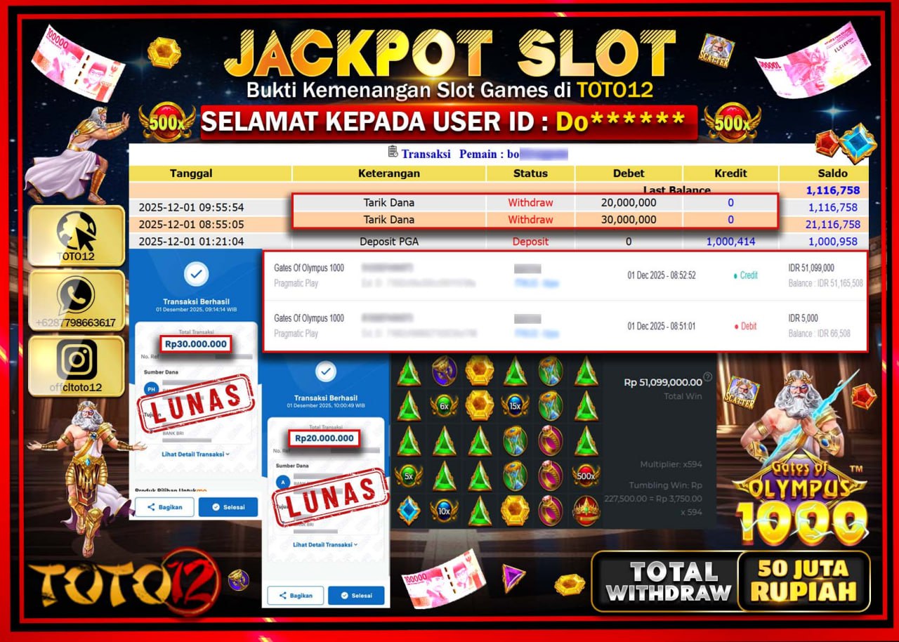 HANYA DI TOTO12 JP PASTI DI BAYAR LUNAS DAN CEPAT!!!!!! JACKPOT SLOT GAME (GATES OF OLYMPUS 1000) Rp.50.000.000 !!!!