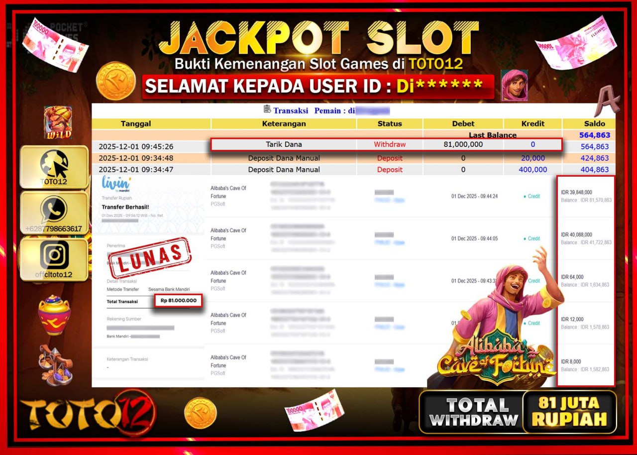 HANYA DI TOTO12 JP PASTI DI BAYAR LUNAS DAN CEPAT!!!!!! JACKPOT SLOT GAME (ALIBABAS CAVE OF FORTUNE) Rp.81.000.000 !!!!
