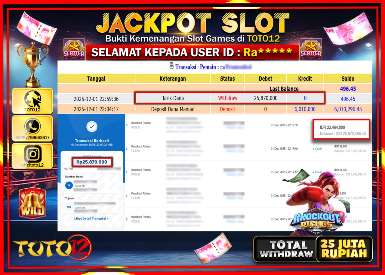 HANYA DI TOTO12 JP PASTI DI BAYAR LUNAS DAN CEPAT!!!!!! JACKPOT SLOT GAME (KNOCKOUT RICHES) Rp.25.870.000 !!!!