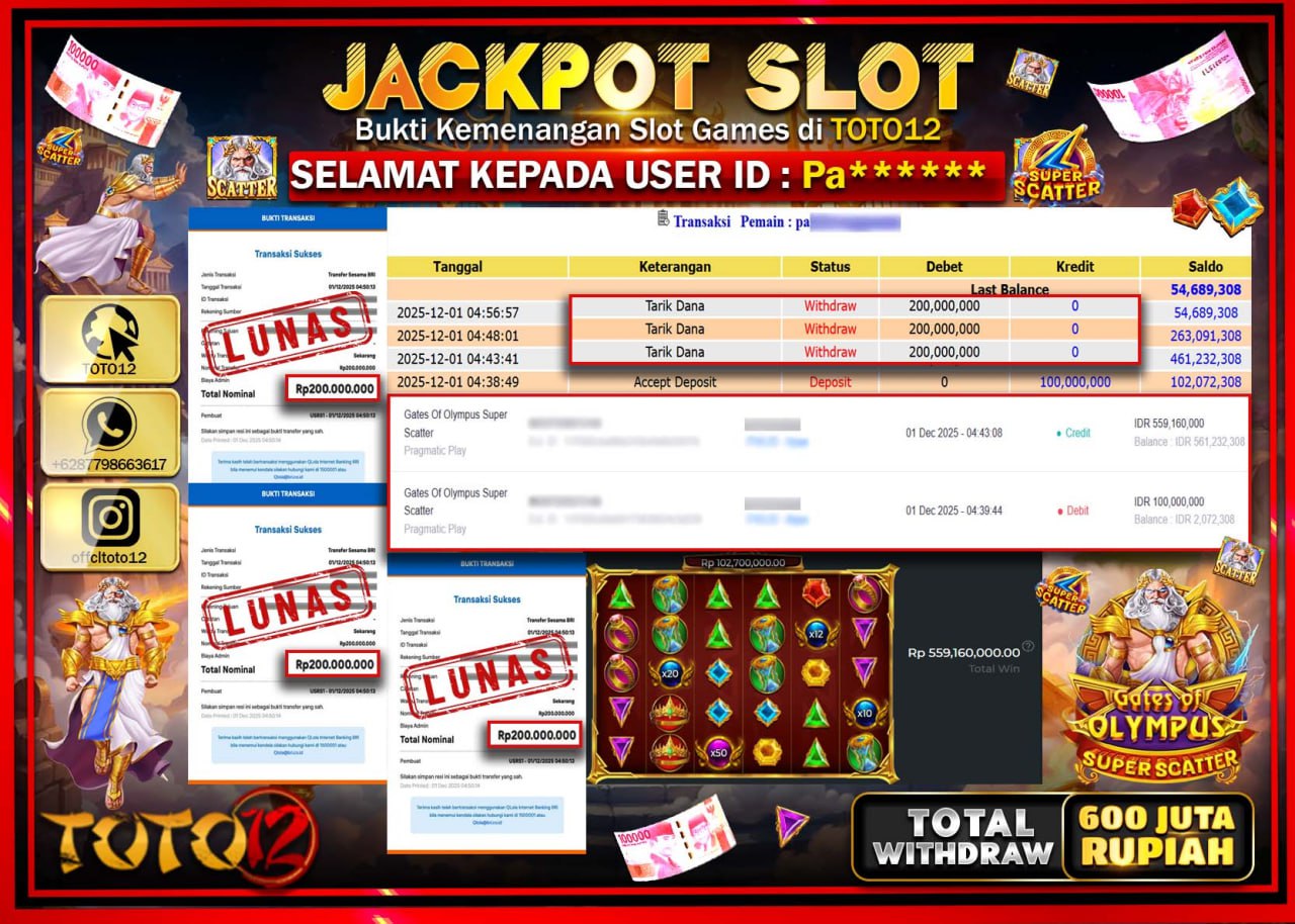 HANYA DI TOTO12 JP PASTI DI BAYAR LUNAS DAN CEPAT!!!!!! JACKPOT SLOT GAME (GATES OF OLYMPUS SUPER SCATTER) Rp.600.000.000 !!!!