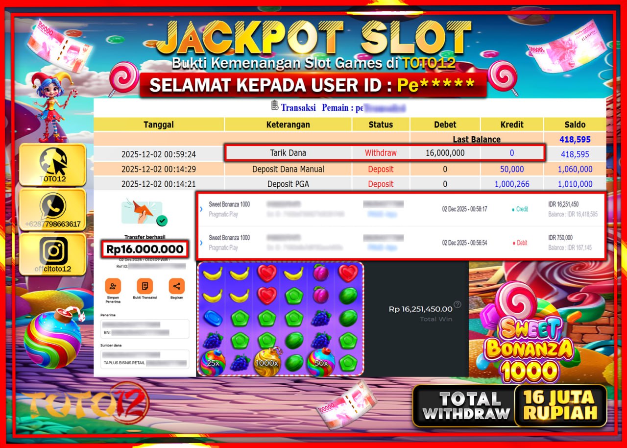 HANYA DI TOTO12 JP PASTI DI BAYAR LUNAS DAN CEPAT!!!!!! JACKPOT SLOT GAME (SWEET BONANZA 1000) Rp.16.000.000 !!!!