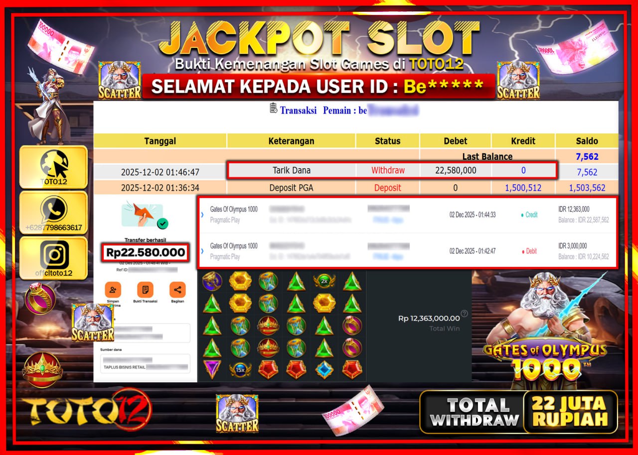 HANYA DI TOTO12 JP PASTI DI BAYAR LUNAS DAN CEPAT!!!!!! JACKPOT SLOT GAME (GATES OF OLYMPUS 1000) Rp.22.580.000 !!!!