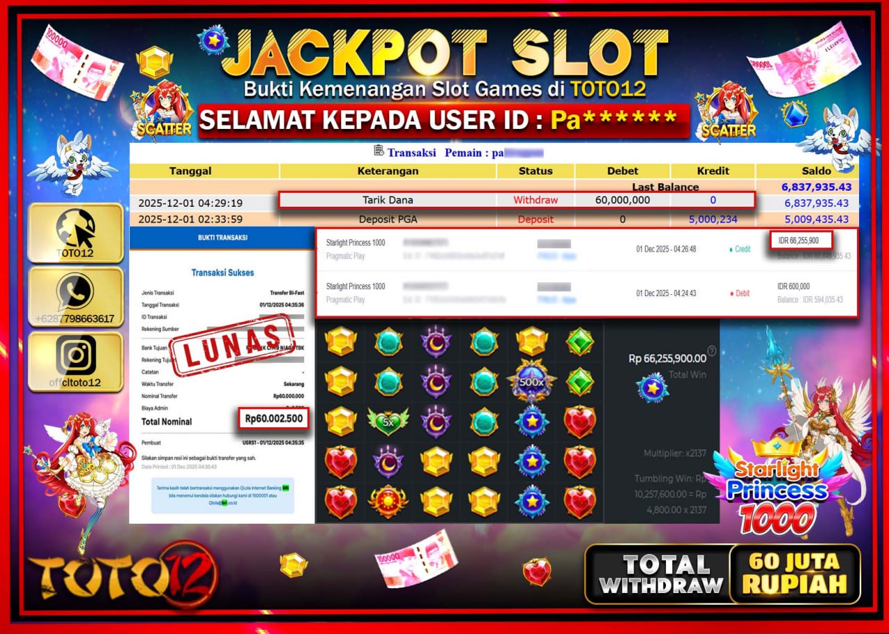 HANYA DI TOTO12 JP PASTI DI BAYAR LUNAS DAN CEPAT!!!!!! JACKPOT SLOT GAME (STARLIGHT PRINCESS 1000) Rp.60.000.000 !!!!