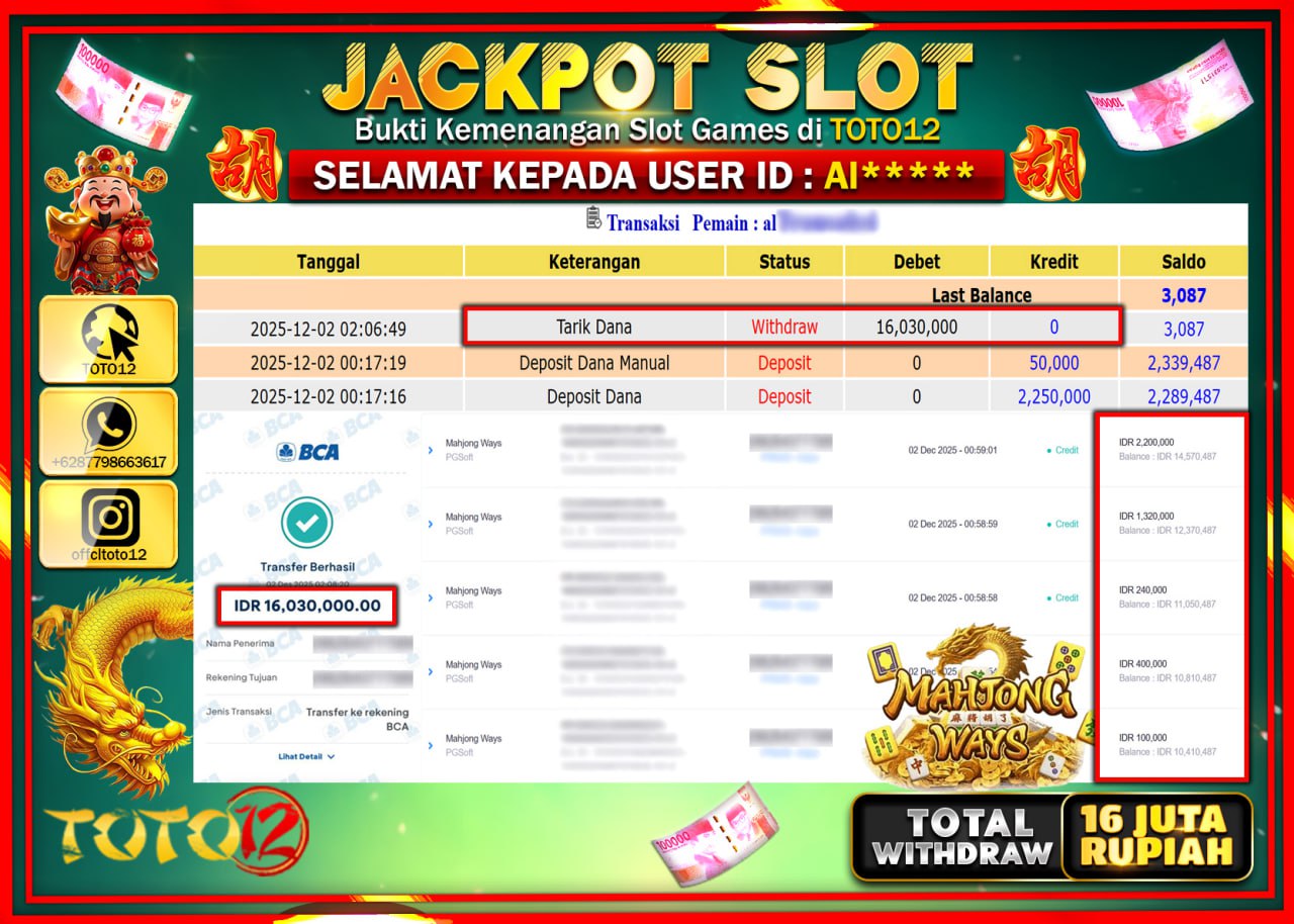 HANYA DI TOTO12 JP PASTI DI BAYAR LUNAS DAN CEPAT!!!!!! JACKPOT SLOT GAME (MAHJONG WAYS) Rp.16.030.000 !!!!