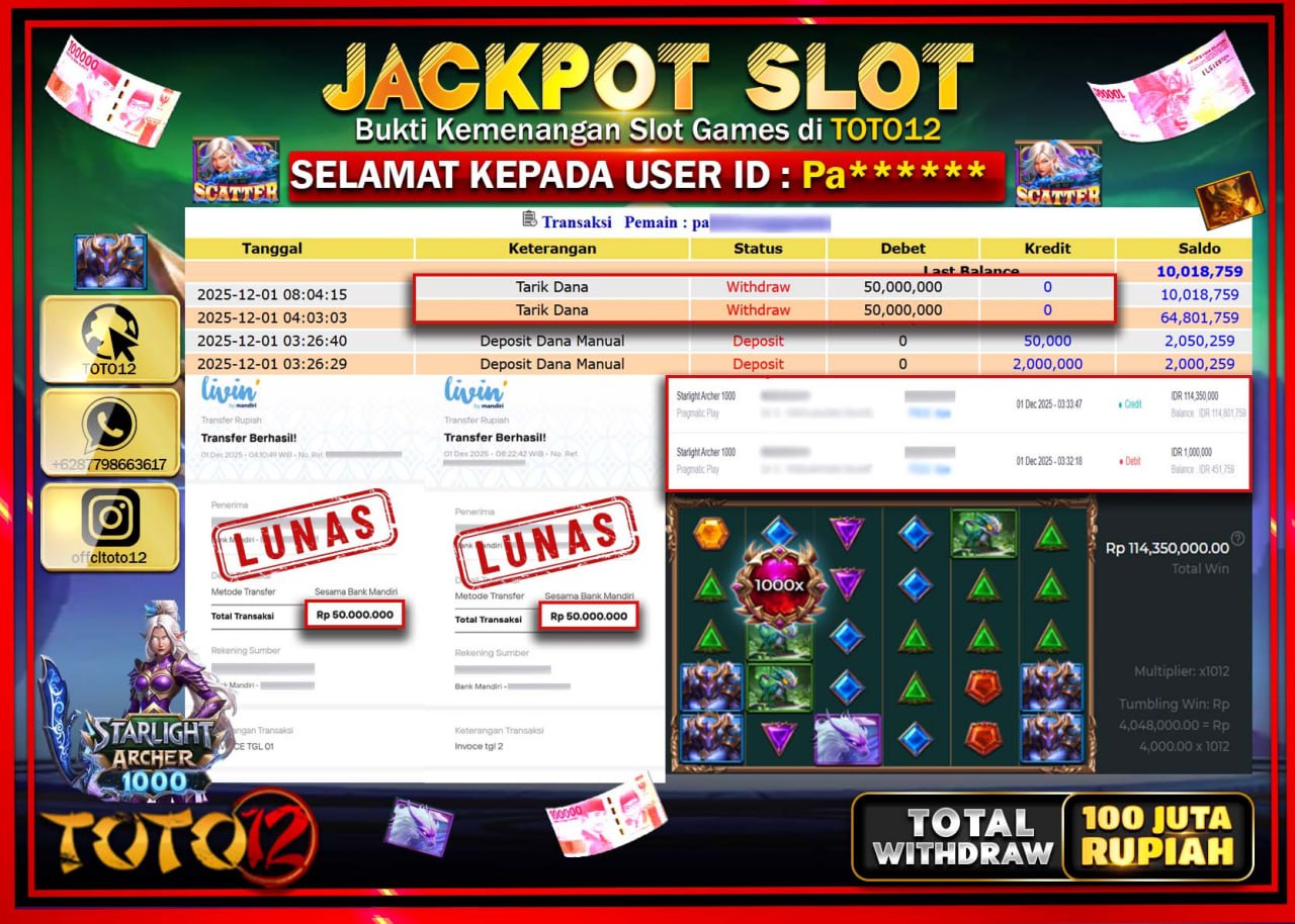 HANYA DI TOTO12 JP PASTI DI BAYAR LUNAS DAN CEPAT!!!!!! JACKPOT SLOT GAME (STARLIGHT ARCHER 1000) Rp.100.000.000 !!!!