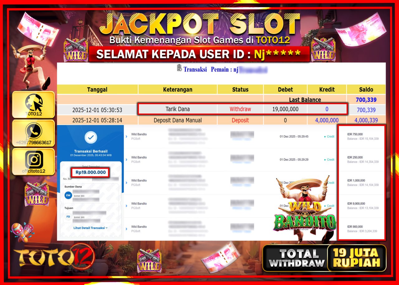 HANYA DI TOTO12 JP PASTI DI BAYAR LUNAS DAN CEPAT!!!!!! JACKPOT SLOT GAME (WILD BANDITO) Rp.19.000.000 !!!!