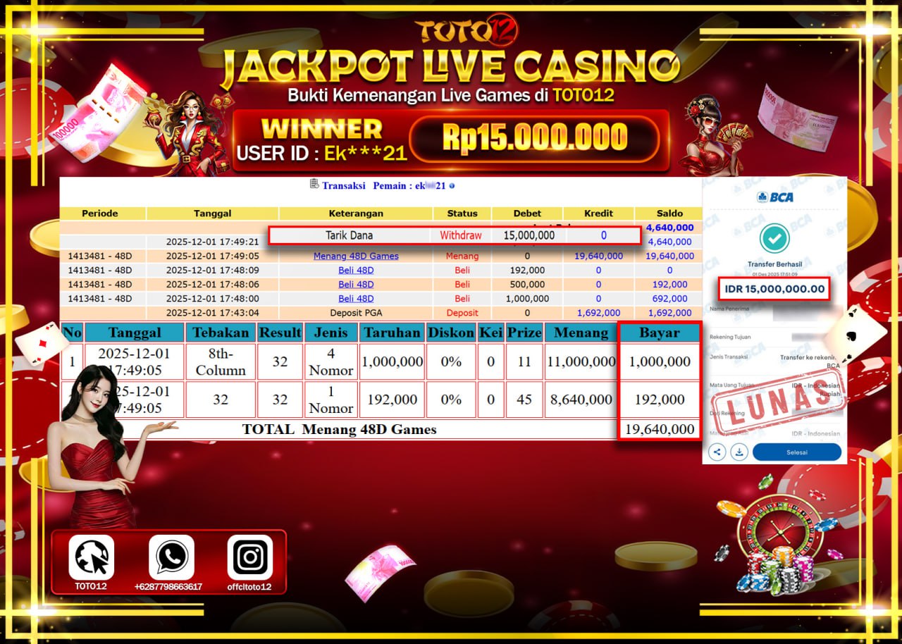 HANYA DI TOTO12 JP PASTI DI BAYAR LUNAS DAN CEPAT!!!!!! JACKPOT LIVE CASINO (48D GAMES) Rp.15.000.000 !!!!