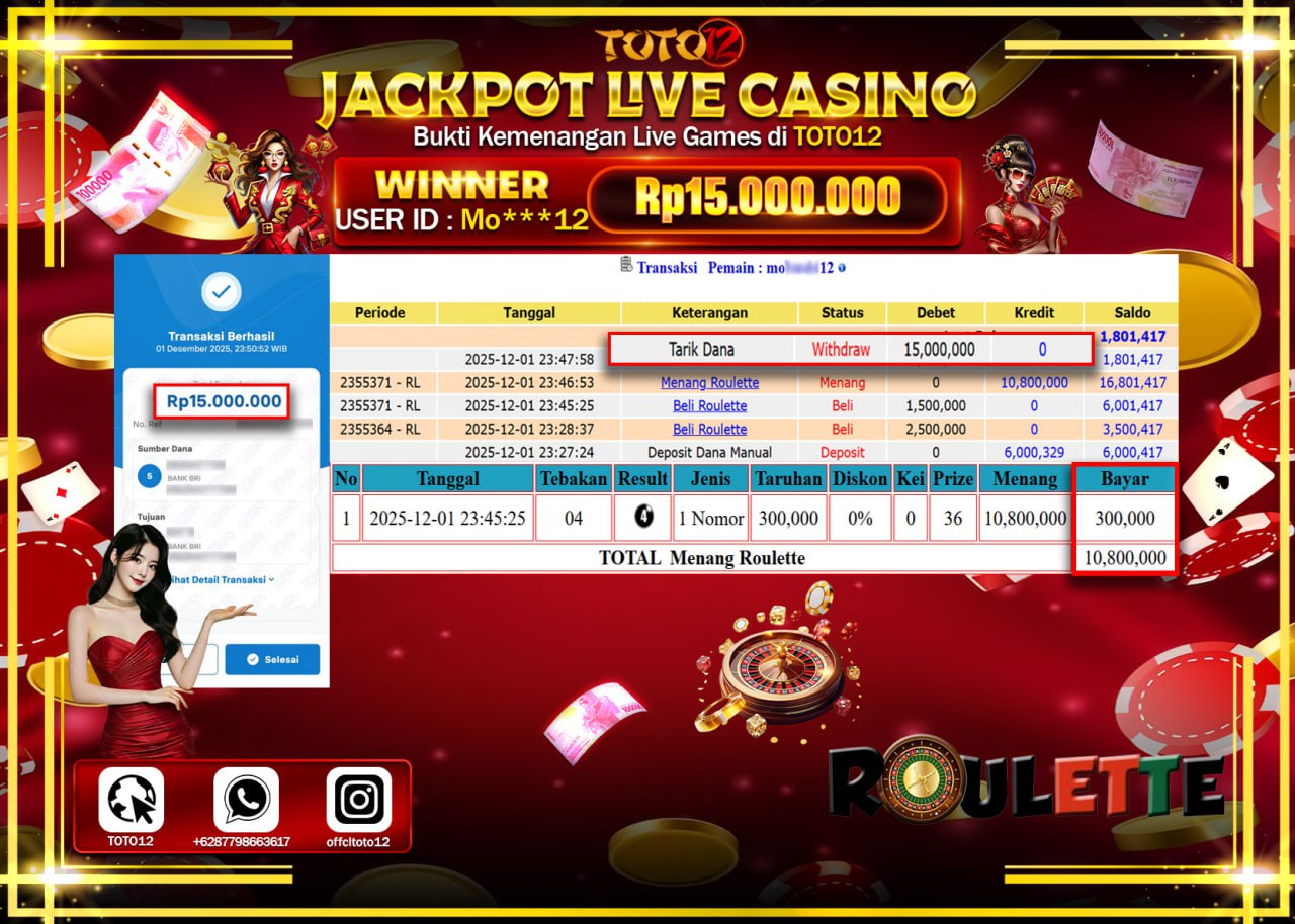 HANYA DI TOTO12 JP PASTI DI BAYAR LUNAS DAN CEPAT!!!!!! JACKPOT LIVE CASINO (ROULETTE) Rp.15.000.000 !!!!