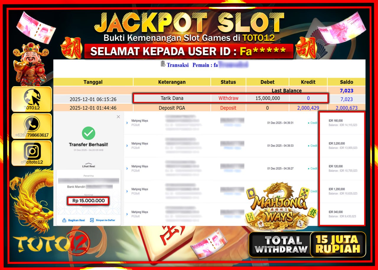 HANYA DI TOTO12 JP PASTI DI BAYAR LUNAS DAN CEPAT!!!!!! JACKPOT SLOT GAME (MAHJONG WAYS) Rp.15.000.000 !!!!