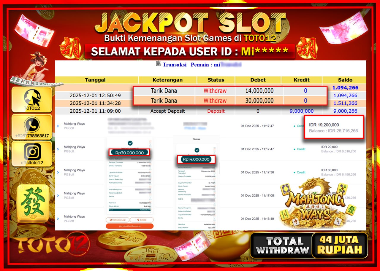 HANYA DI TOTO12 JP PASTI DI BAYAR LUNAS DAN CEPAT!!!!!! JACKPOT SLOT GAME (MAHJONG WAYS) Rp.44.000.000 !!!!