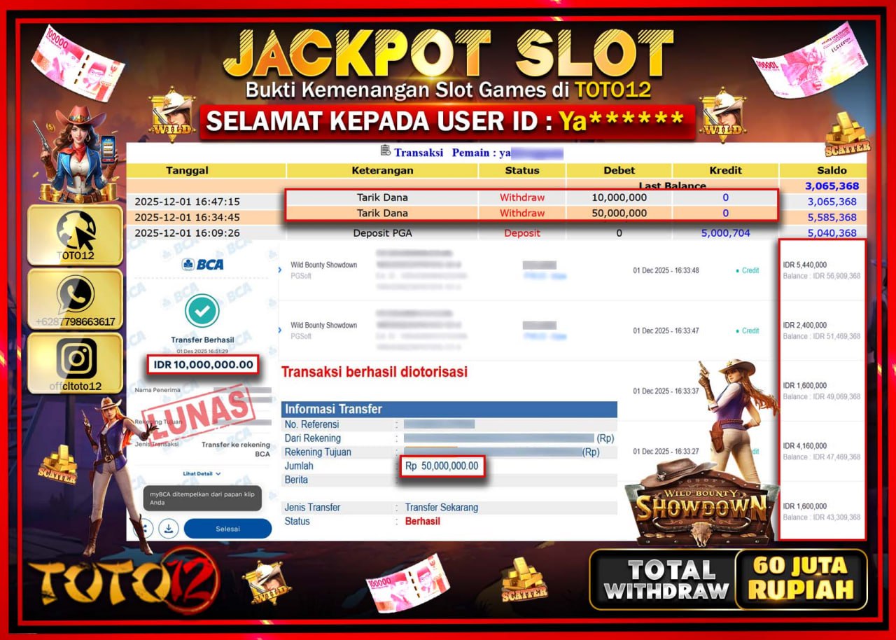HANYA DI TOTO12 JP PASTI DI BAYAR LUNAS DAN CEPAT!!!!!! JACKPOT SLOT GAME (WILD BOUNTY SHOWDOWN) Rp.60.000.000 !!!!