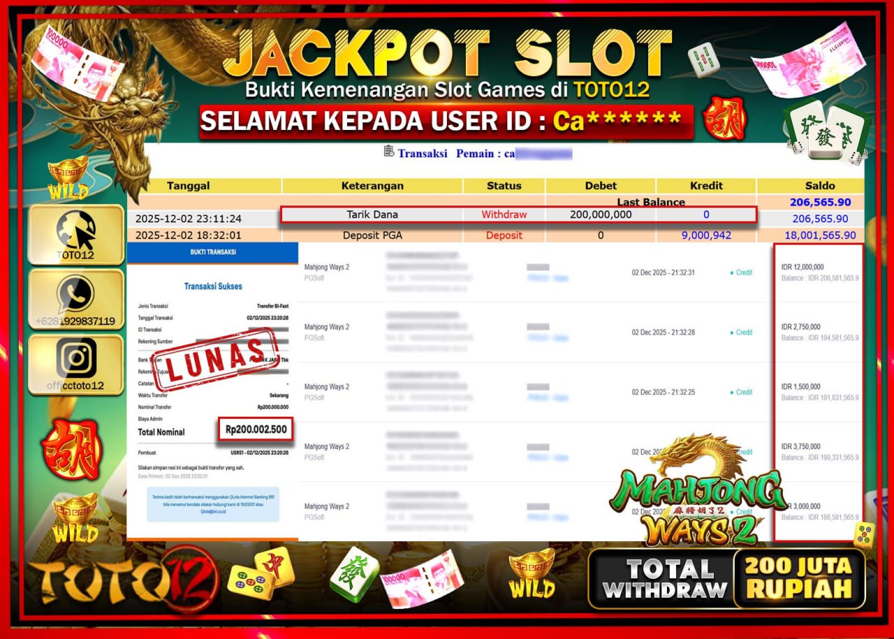 HANYA DI TOTO12 JP PASTI DI BAYAR LUNAS DAN CEPAT!!!!!! JACKPOT SLOT GAME (MAHJONG WAYS 2) Rp.200.000.000 !!!!