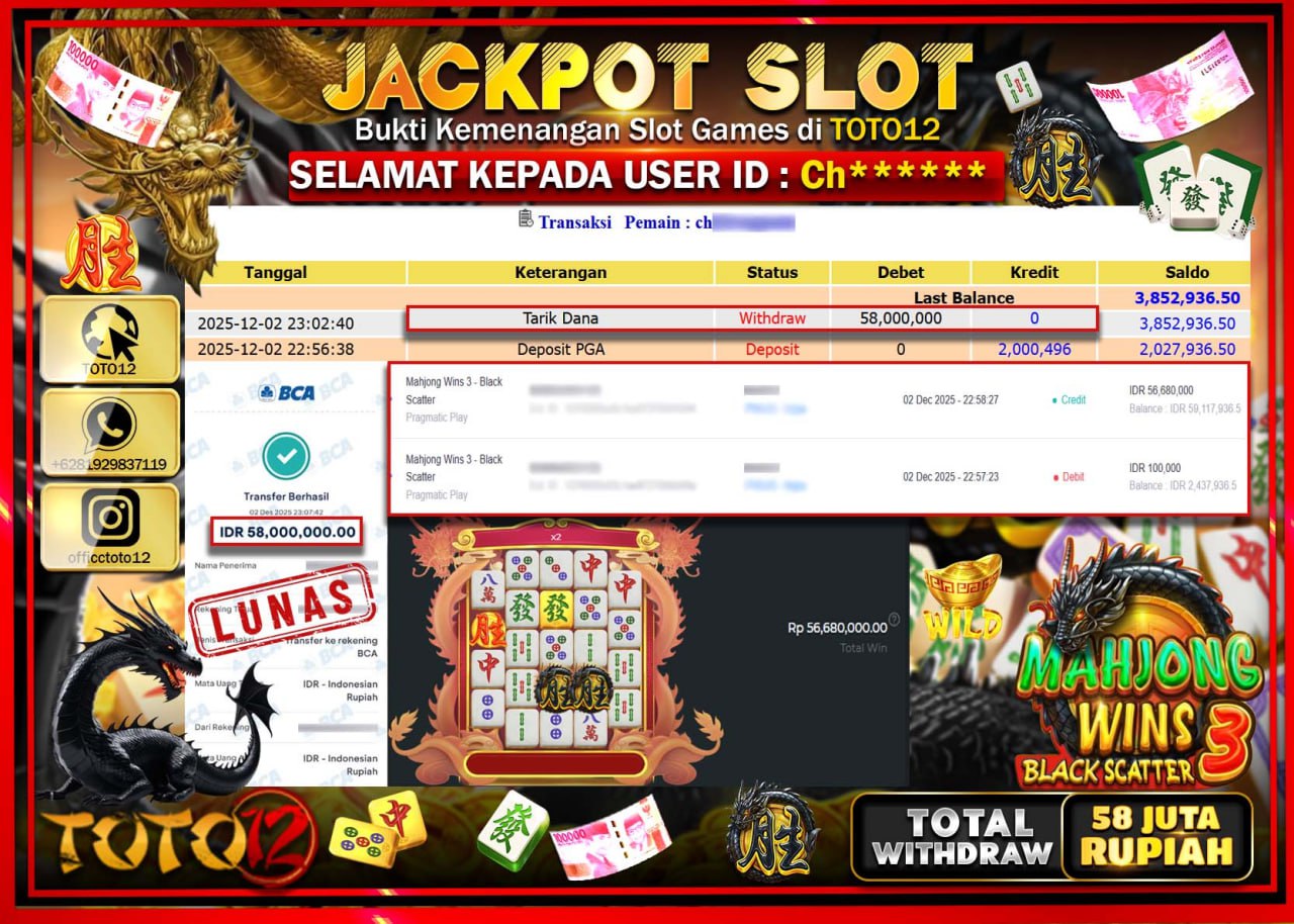 HANYA DI TOTO12 JP PASTI DI BAYAR LUNAS DAN CEPAT!!!!!! JACKPOT SLOT GAME (MAHJONG WINS 3 BLACK SCATTER) Rp.58.000.000 !!!!