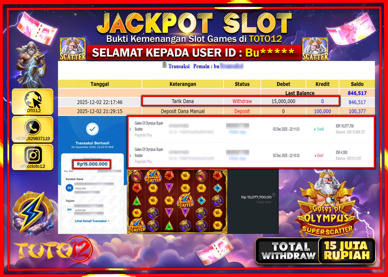 HANYA DI TOTO12 JP PASTI DI BAYAR LUNAS DAN CEPAT!!!!!! JACKPOT SLOT GAME (GATES OF OLYMPUS SUPER SCATTER) Rp.15.000.000 !!!!