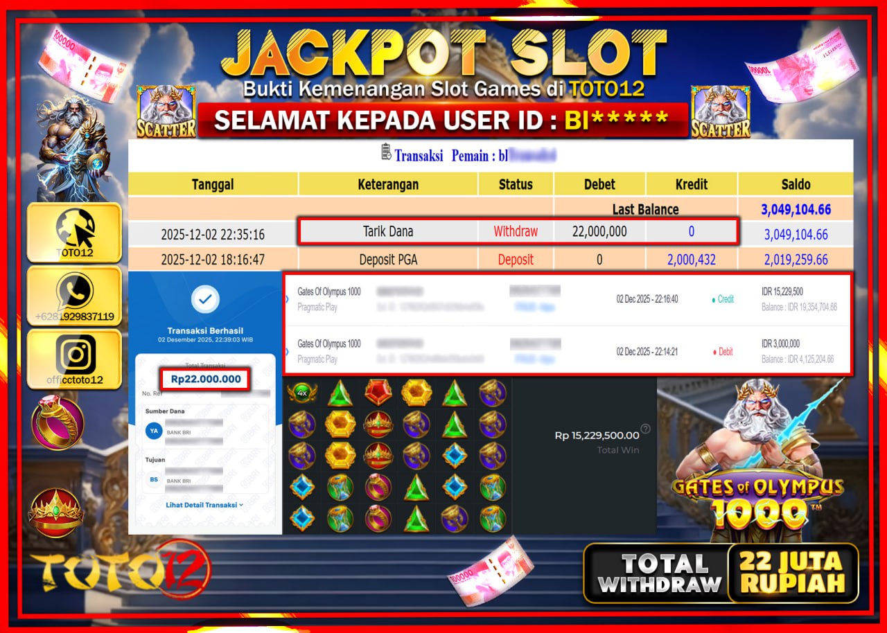 HANYA DI TOTO12 JP PASTI DI BAYAR LUNAS DAN CEPAT!!!!!! JACKPOT SLOT GAME (GATES OF OLYMPUS 1000) Rp.22.000.000 !!!!