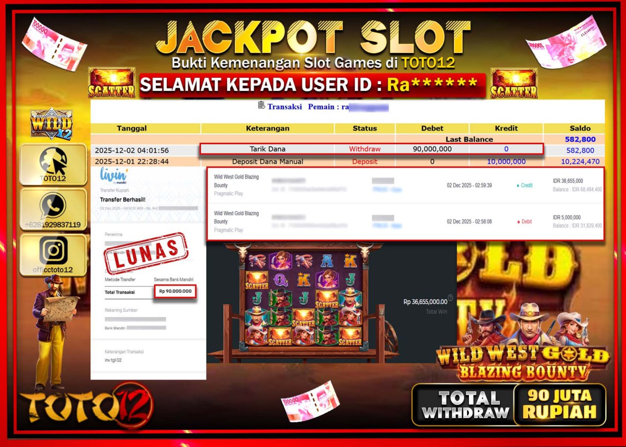 HANYA DI TOTO12 JP PASTI DI BAYAR LUNAS DAN CEPAT!!!!!! JACKPOT SLOT GAME (WILD WEST GOLD BLAZING BOUNTY) Rp.90.000.000 !!!!