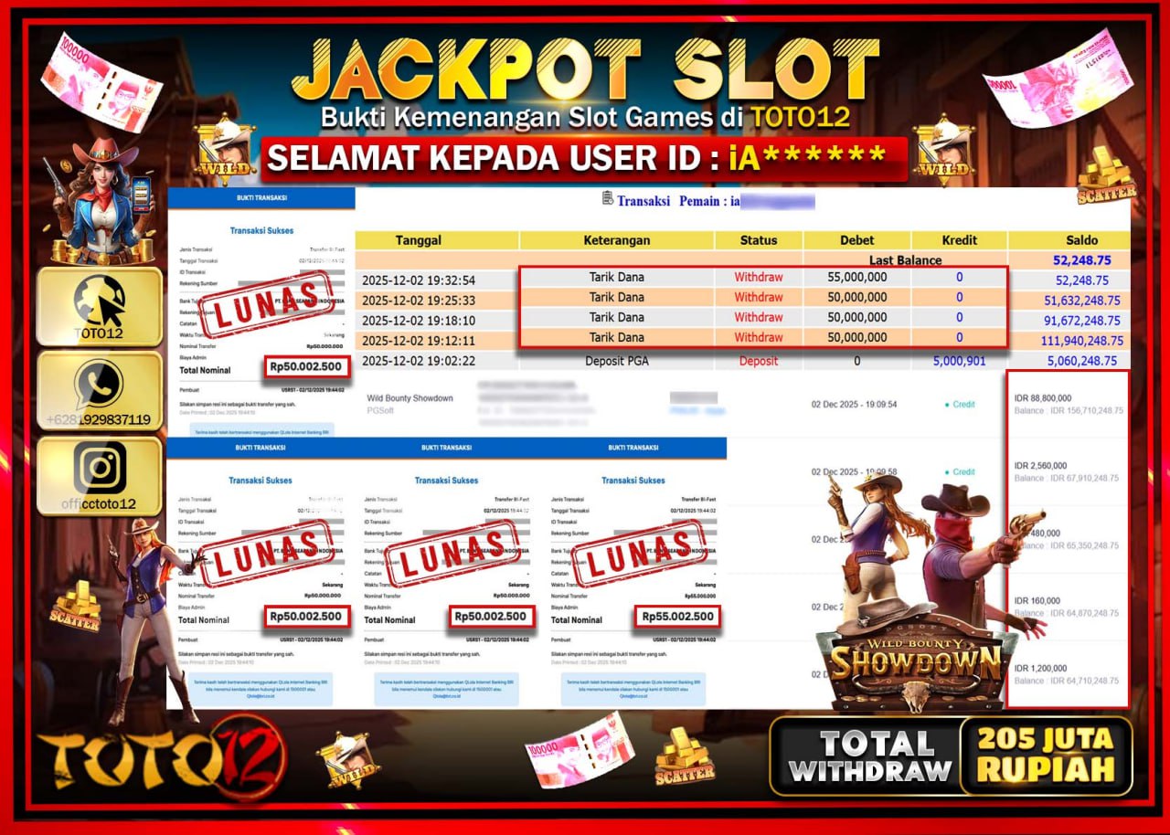 HANYA DI TOTO12 JP PASTI DI BAYAR LUNAS DAN CEPAT!!!!!! JACKPOT SLOT GAME (WILD BOUNTY SHOWDOWN) Rp.205.000.000 !!!!
