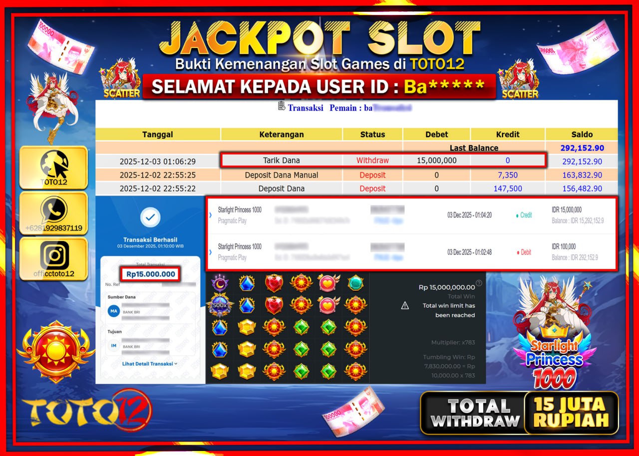 HANYA DI TOTO12 JP PASTI DI BAYAR LUNAS DAN CEPAT!!!!!! JACKPOT SLOT GAME (STARLIGHT PRINCESS 1000) Rp.15.000.000 !!!!