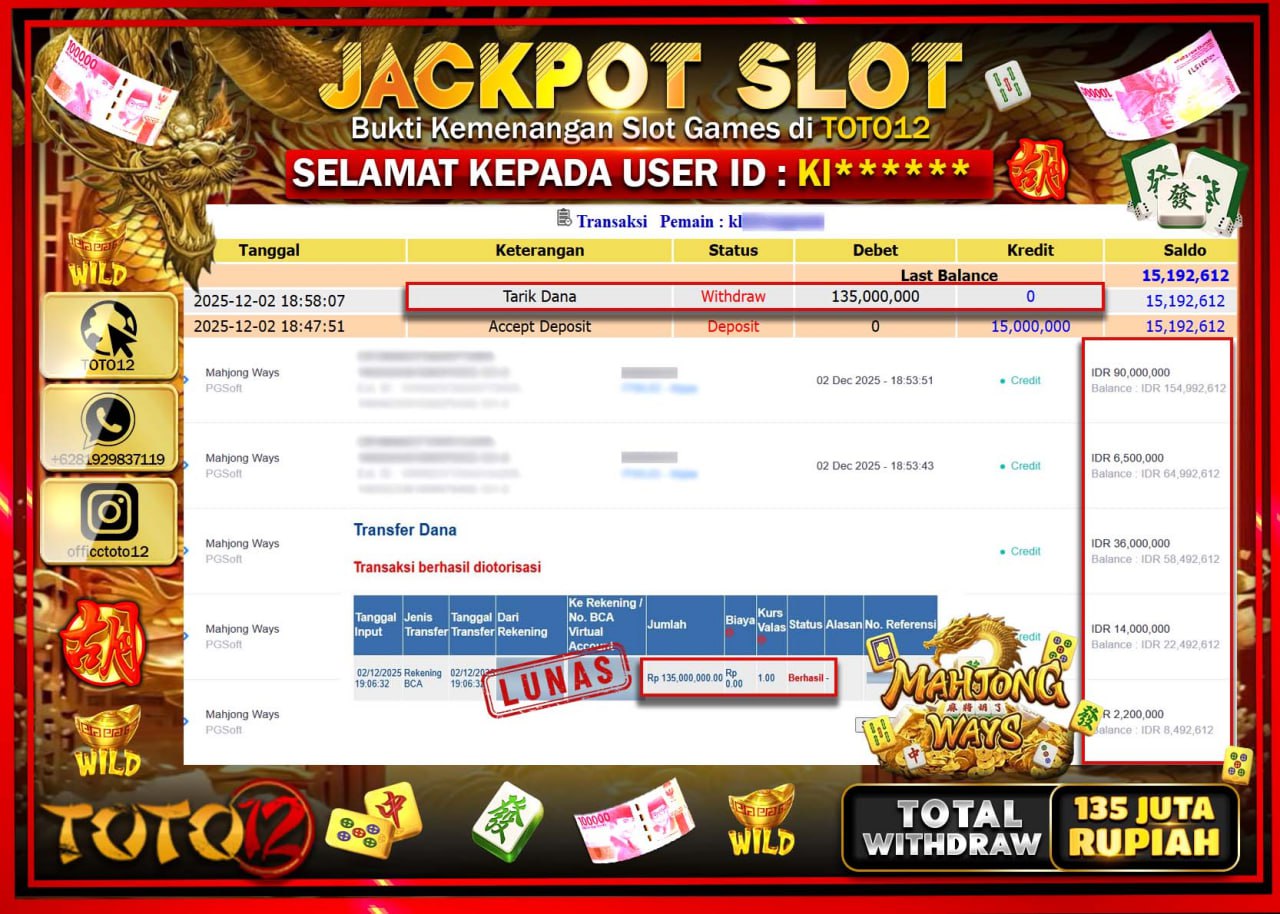 HANYA DI TOTO12 JP PASTI DI BAYAR LUNAS DAN CEPAT!!!!!! JACKPOT SLOT GAME (MAHJONG WAYS) Rp.135.000.000 !!!!