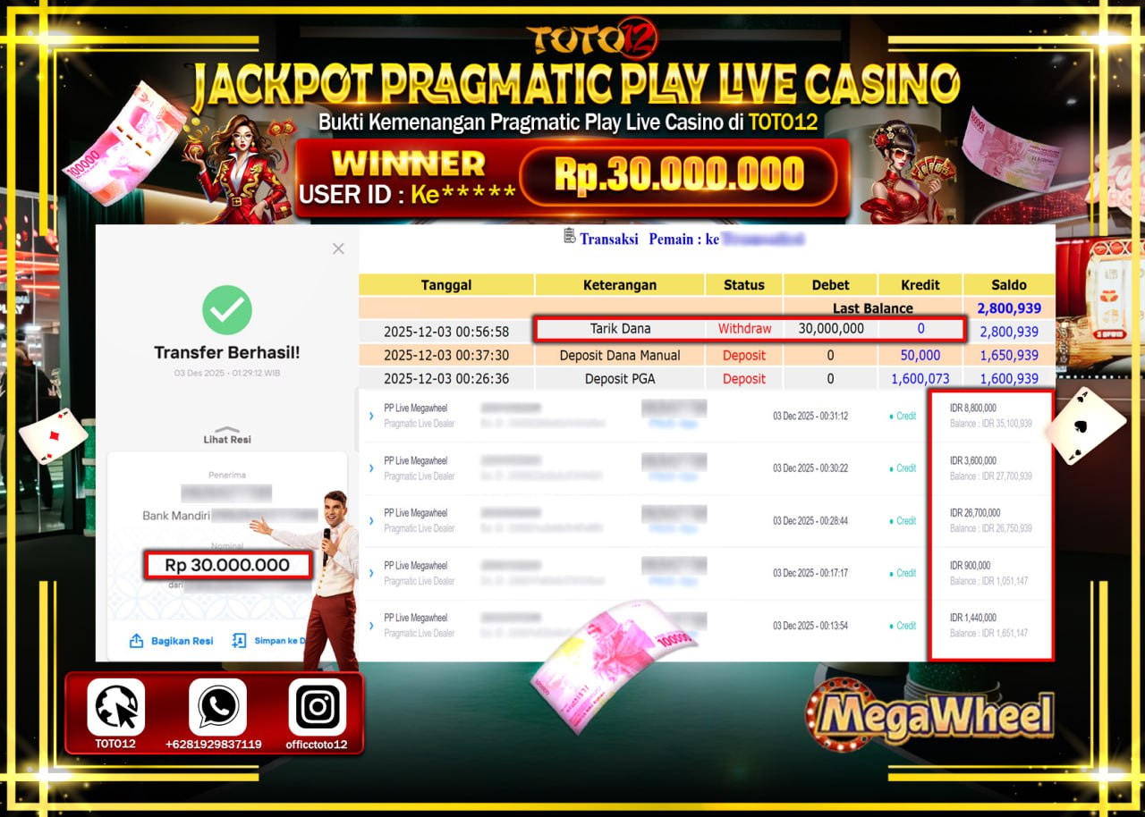 HANYA DI TOTO12 JP PASTI DI BAYAR LUNAS DAN CEPAT!!!!!! JACKPOT PRAGMATIC PLAY LIVE CASINO (MEGA WHEEL) Rp.30.000.000 !!!!