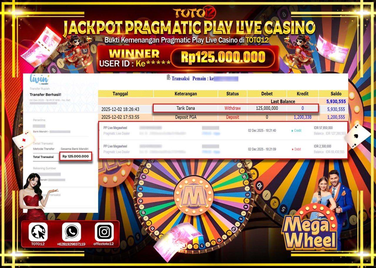 HANYA DI TOTO12 JP PASTI DI BAYAR LUNAS DAN CEPAT!!!!!! JACKPOT PRAGMATIC PLAY LIVE CASINO (MEGA WHEEL) Rp.125.000.000 !!!!