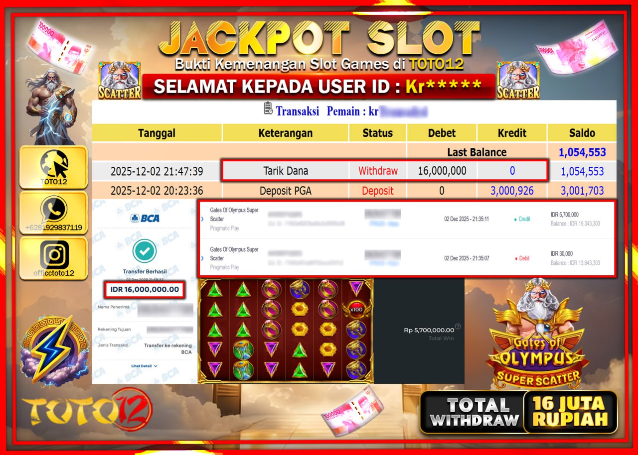 HANYA DI TOTO12 JP PASTI DI BAYAR LUNAS DAN CEPAT!!!!!! JACKPOT SLOT GAME (GATES OF OLYMPUS SUPER SCATTER) Rp.16.000.000 !!!!