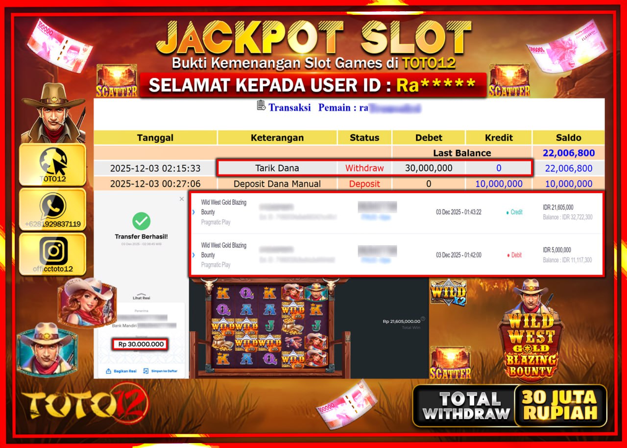 HANYA DI TOTO12 JP PASTI DI BAYAR LUNAS DAN CEPAT!!!!!! JACKPOT SLOT GAME (WILD BEST GOLD BLAZING BOUNTY) Rp.30.000.000 !!!!