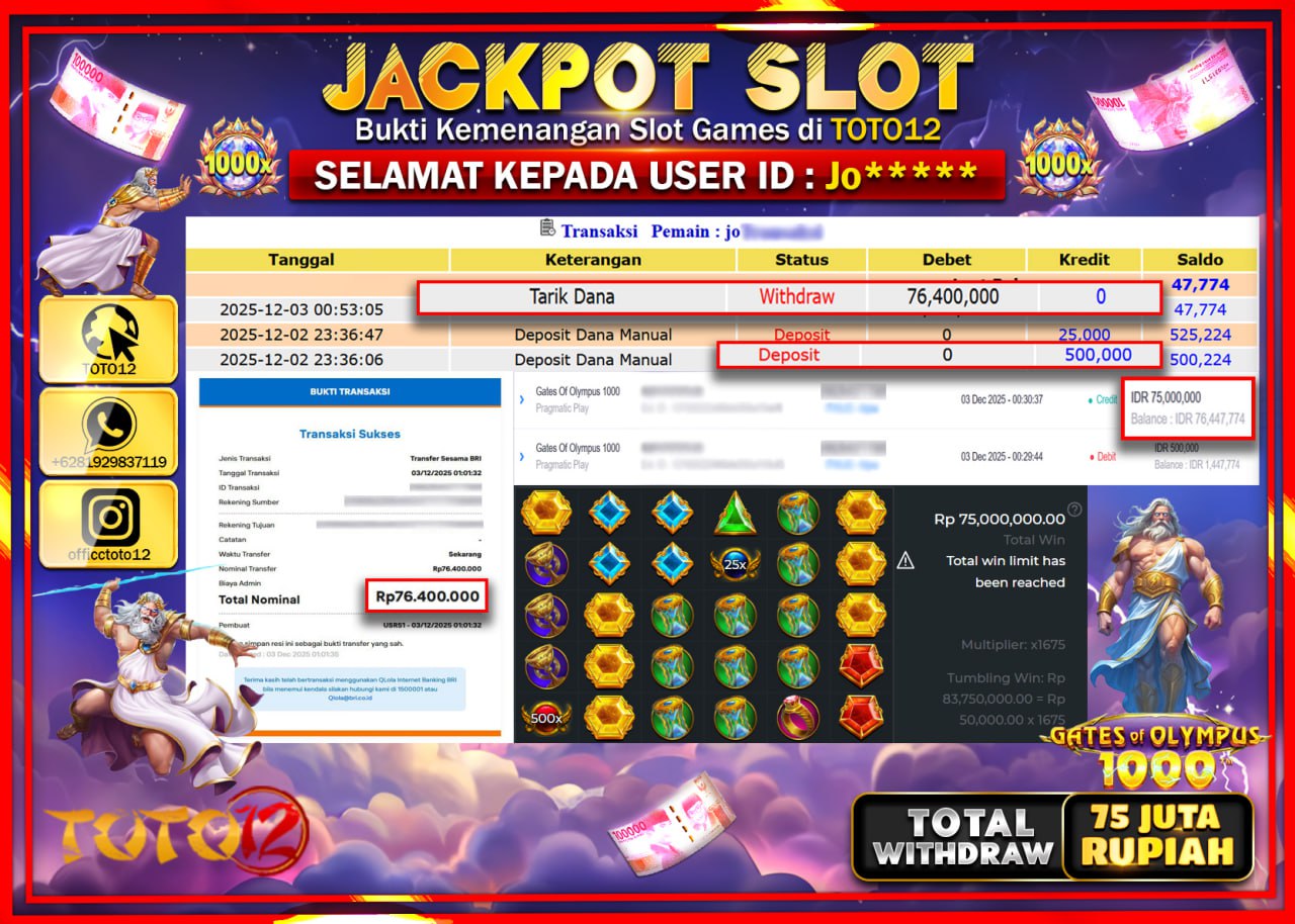 HANYA DI TOTO12 JP PASTI DI BAYAR LUNAS DAN CEPAT!!!!!! JACKPOT SLOT GAME (GATES OF OLYMPUS 1000) Rp.76.400.000 !!!!