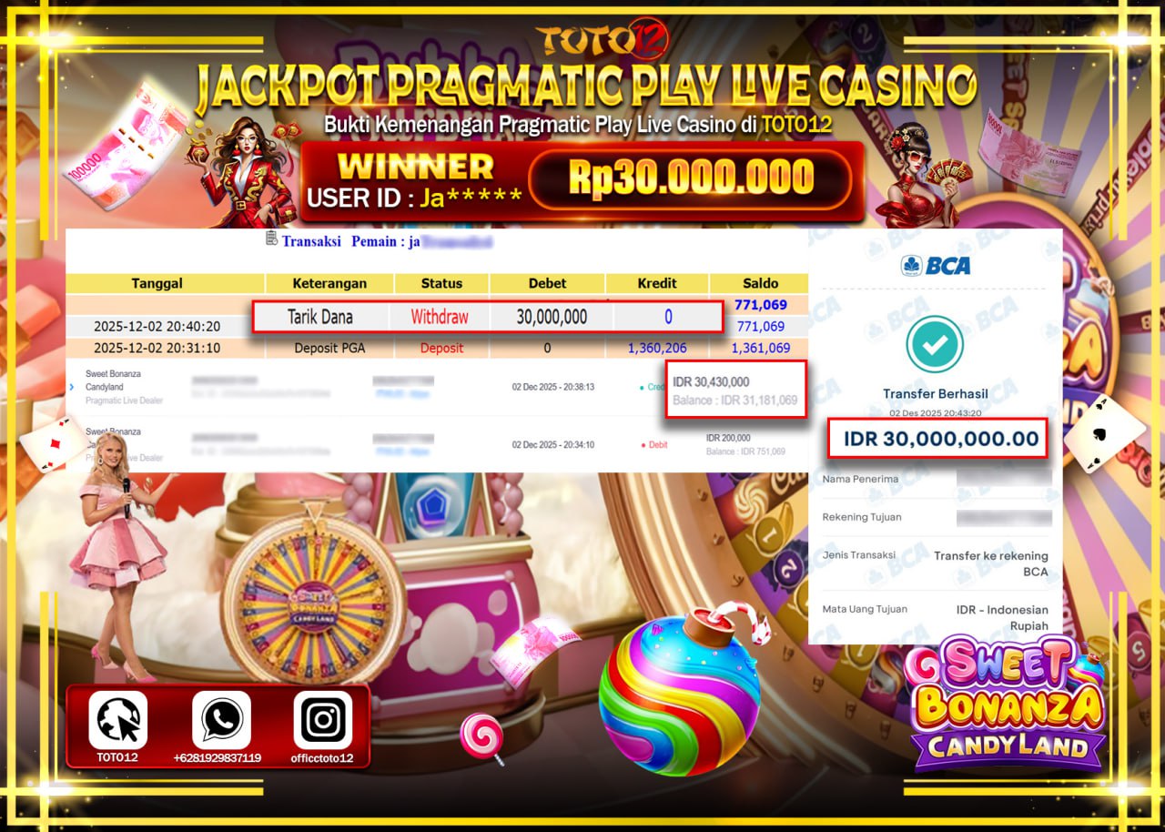 HANYA DI TOTO12 JP PASTI DI BAYAR LUNAS DAN CEPAT!!!!!! JACKPOT PRAGMATIC PLAY LIVE CASINO (SWEET BONANZA CANDYLAND) Rp.30.000.000 !!!!
