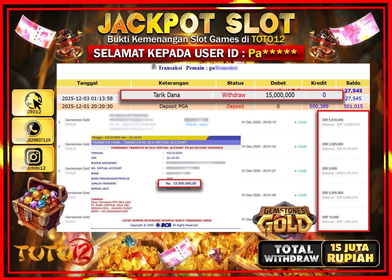 HANYA DI TOTO12 JP PASTI DI BAYAR LUNAS DAN CEPAT!!!!!! JACKPOT SLOT GAME (GEMSTONES GOLD) Rp.15.000.000 !!!!