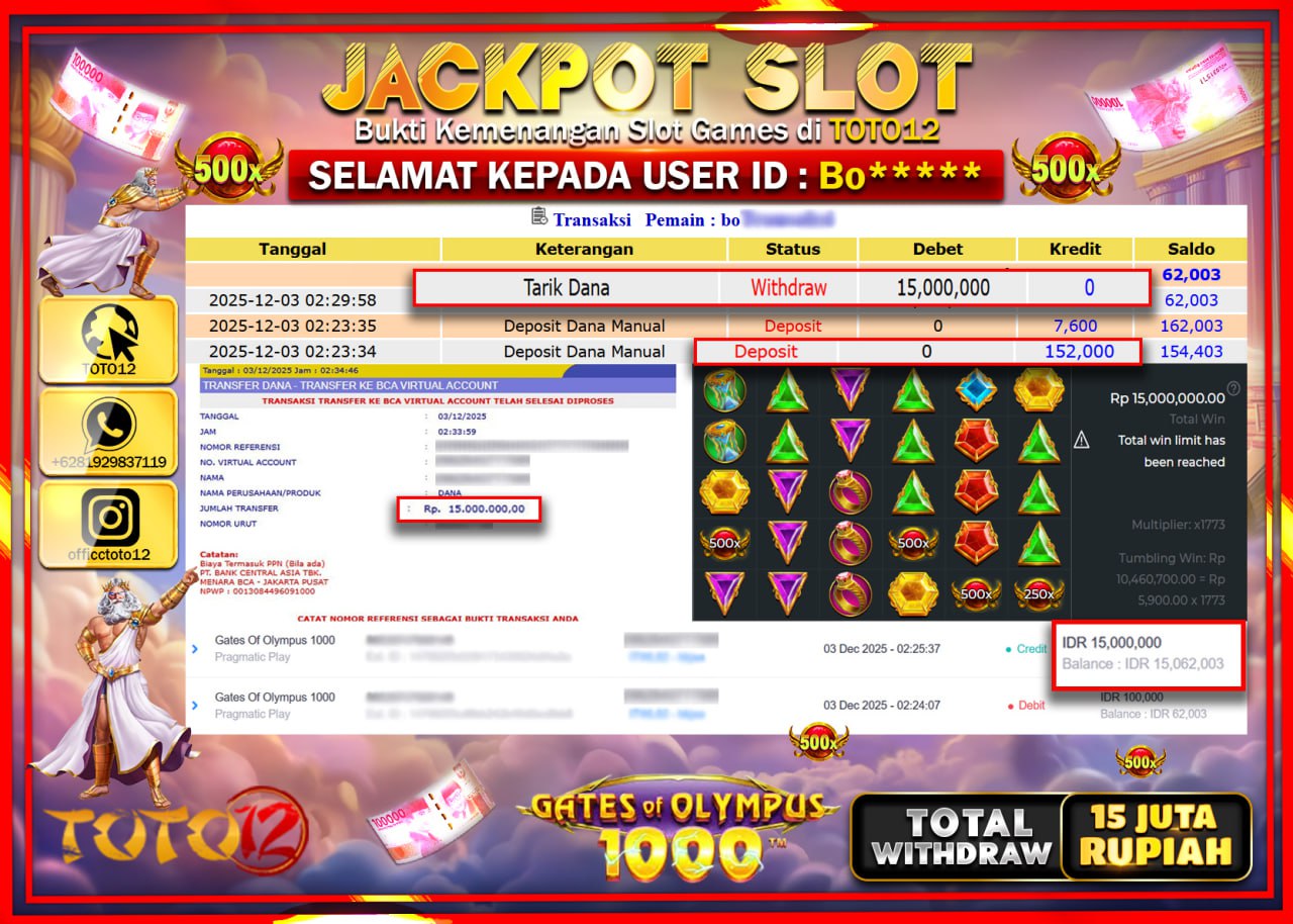 HANYA DI TOTO12 JP PASTI DI BAYAR LUNAS DAN CEPAT!!!!!! JACKPOT SLOT GAME (GATES OF OLYMPUS 1000) Rp.15.000.000 !!!!