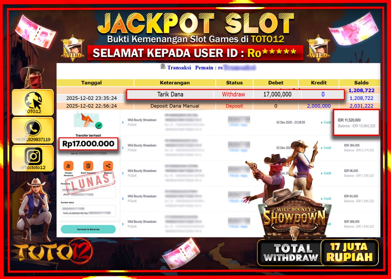 HANYA DI TOTO12 JP PASTI DI BAYAR LUNAS DAN CEPAT!!!!!! JACKPOT SLOT GAME (WILD BOUNTY SHOWDOWN) Rp.17.000.000 !!!!