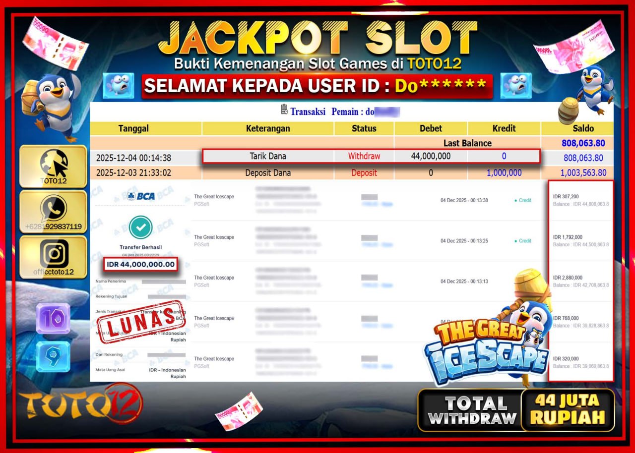 HANYA DI TOTO12 JP PASTI DI BAYAR LUNAS DAN CEPAT!!!!!! JACKPOT SLOT GAME (THE GREAT ICESPACE) Rp.44.000.000 !!!!