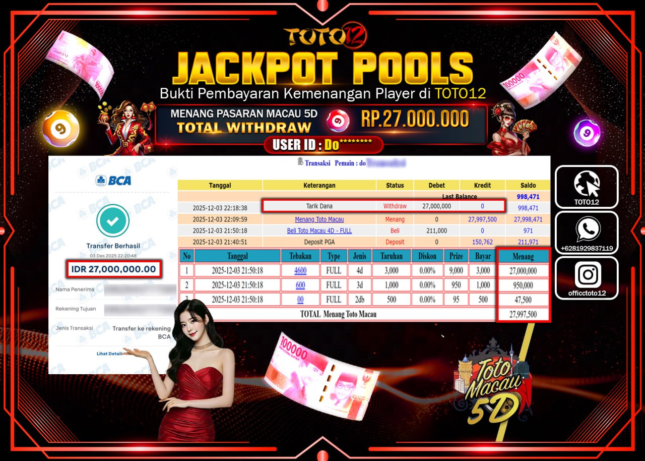 HANYA DI TOTO12 JP PASTI DI BAYAR LUNAS DAN CEPAT!!!!!! JACKPOT POOLS PASARAN (MACAU 5D) Rp.27.000.000 !!!!
