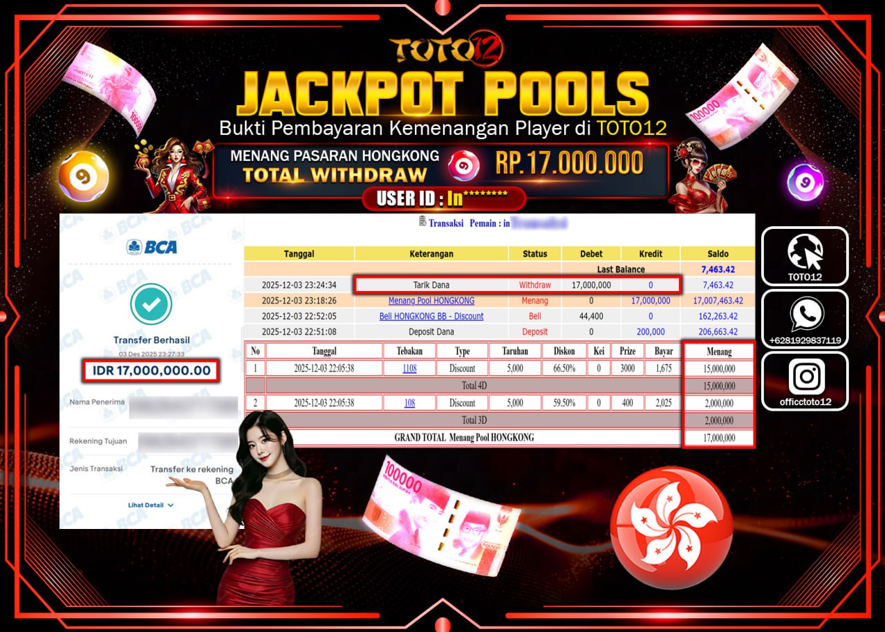 HANYA DI TOTO12 JP PASTI DI BAYAR LUNAS DAN CEPAT!!!!!! JACKPOT POOLS PASARAN (HONGKONG) Rp.17.000.000 !!!!