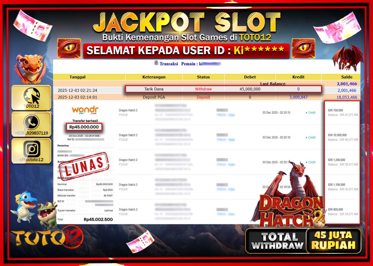 HANYA DI TOTO12 JP PASTI DI BAYAR LUNAS DAN CEPAT!!!!!! JACKPOT SLOT GAME (DRAGON HATCH) Rp.45.000.000 !!!!
