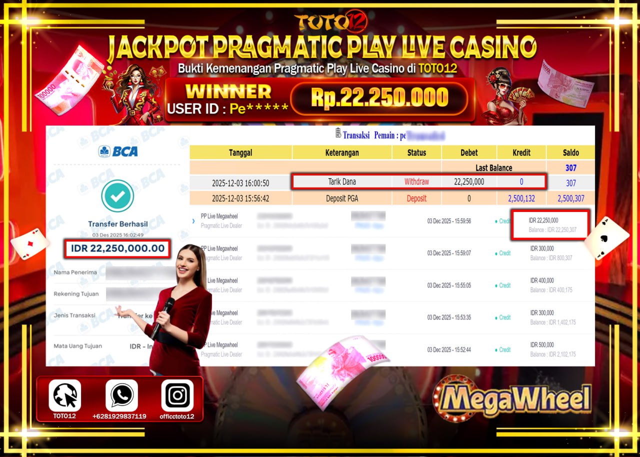 HANYA DI TOTO12 JP PASTI DI BAYAR LUNAS DAN CEPAT!!!!!! JACKPOT PRAGMATIC PLAY LIVE CASINO (MEGA WHEEL) Rp.22.250.000 !!!!
